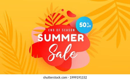 Summer sale vector illustration with tropical leaves pattern background. Promotion banner for website, flyer and poster.
