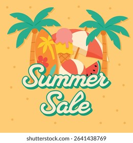 Summer sale vector illustration with tropical elements including palm leaves, ice cream, floral, and colorful vacation sale layout.