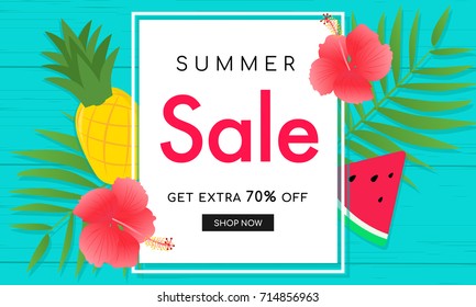 Summer sale Vector illustration. Summer sale with tropical flower, pineapple and watermelon slice on blue wooden background.