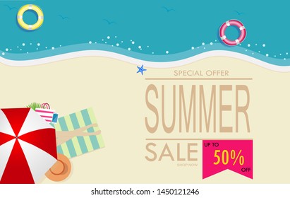 Summer sale vector illustration.Top view of summer with Beach and sea background.