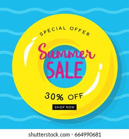Summer sale vector illustration, Yellow rubber ring floating on water.