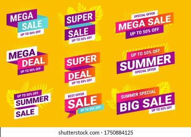 Summer sale. Vector illustrations for social media ads and banners, website badges, marketing material, labels and stickers for products promotions, graphic templates.