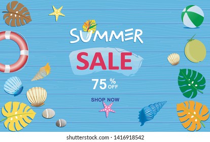 Summer sale vector illustration.with shellfish and leaves,coconut on blue background.