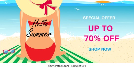 Summer sale vector illustrator, design for promotion with colorful beach and beautiful woman 