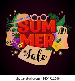 Summer Sale. Vector Isolated Graphic Design Elements. Illustration with lettering, shopping bags, hat, glasses, tropical plants, palm and banana leaves, flowers, fireflies. water dots. Flat, cartoon.