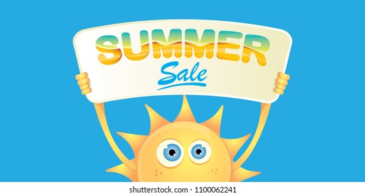 summer sale vector label or horizontal web banner. summer happy sun character holding sign or banner with special offer sale text isolated on blue horizontal background