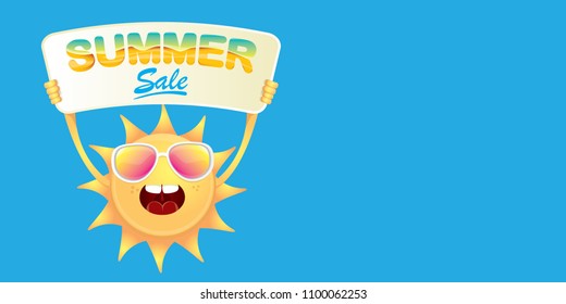 summer sale vector label or horizontal web banner. summer happy sun character holding sign or banner with special offer sale text isolated on blue horizontal background