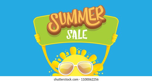 summer sale vector label or horizontal web banner. summer happy sun character holding sign or banner with special offer sale text isolated on blue horizontal background