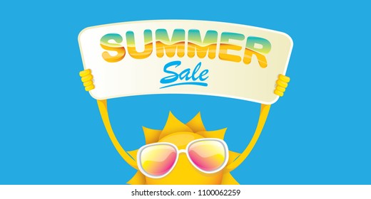 summer sale vector label or horizontal web banner. summer happy sun character holding sign or banner with special offer sale text isolated on blue horizontal background