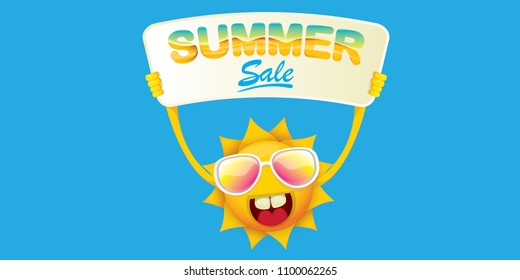 summer sale vector label or horizontal web banner. summer happy sun character holding sign or banner with special offer sale text isolated on blue horizontal background