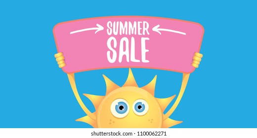 summer sale vector label or horizontal web banner. summer happy sun character holding sign or banner with special offer sale text isolated on blue horizontal background