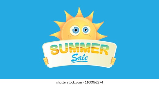 summer sale vector label or horizontal web banner. summer happy sun character holding sign or banner with special offer sale text isolated on blue horizontal background