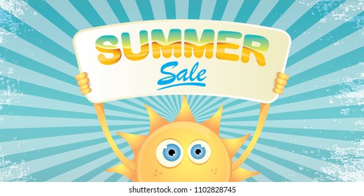 summer sale vector label or horizontal web banner. summer happy sun character holding sign or banner with special offer sale text on rays sky horizontal background