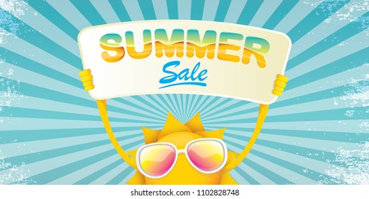 summer sale vector label or horizontal web banner. summer happy sun character holding sign or banner with special offer sale text on rays sky horizontal background