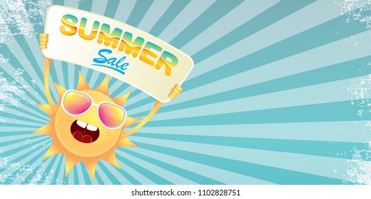 summer sale vector label or horizontal web banner. summer happy sun character holding sign or banner with special offer sale text on rays sky horizontal background