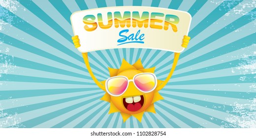 summer sale vector label or horizontal web banner. summer happy sun character holding sign or banner with special offer sale text on rays sky horizontal background
