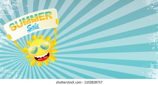 summer sale vector label or horizontal web banner. summer happy sun character holding sign or banner with special offer sale text on rays sky horizontal background