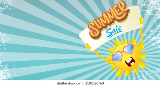 summer sale vector label or horizontal web banner. summer happy sun character holding sign or banner with special offer sale text on rays sky horizontal background