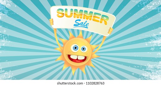 summer sale vector label or horizontal web banner. summer happy sun character holding sign or banner with special offer sale text on rays sky horizontal background