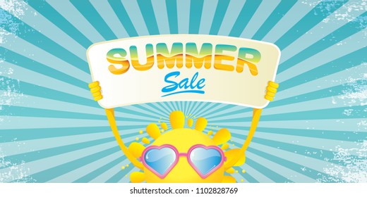 summer sale vector label or horizontal web banner. summer happy sun character holding sign or banner with special offer sale text on rays sky horizontal background