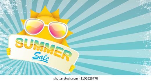 summer sale vector label or horizontal web banner. summer happy sun character holding sign or banner with special offer sale text on rays sky horizontal background