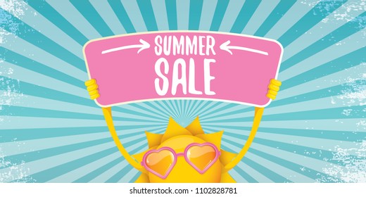 summer sale vector label or horizontal web banner. summer happy sun character holding sign or banner with special offer sale text on rays sky horizontal background