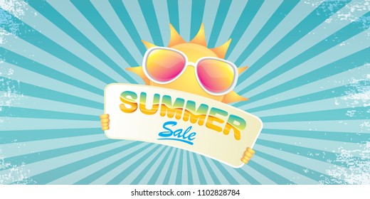 summer sale vector label or horizontal web banner. summer happy sun character holding sign or banner with special offer sale text on rays sky horizontal background