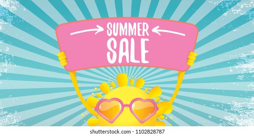 summer sale vector label or horizontal web banner. summer happy sun character holding sign or banner with special offer sale text on rays sky horizontal background