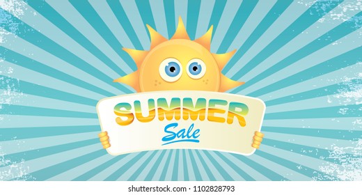 summer sale vector label or horizontal web banner. summer happy sun character holding sign or banner with special offer sale text on rays sky horizontal background