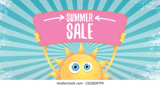 summer sale vector label or horizontal web banner. summer happy sun character holding sign or banner with special offer sale text on rays sky horizontal background