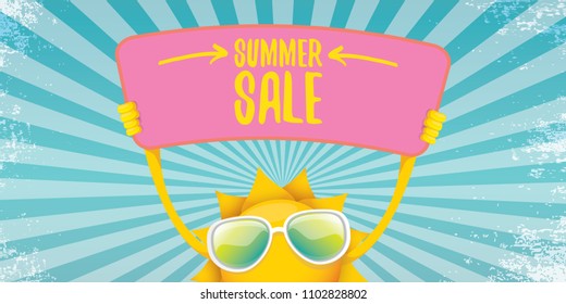 summer sale vector label or horizontal web banner. summer happy sun character holding sign or banner with special offer sale text on rays sky horizontal background