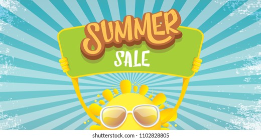 summer sale vector label or horizontal web banner. summer happy sun character holding sign or banner with special offer sale text on rays sky horizontal background