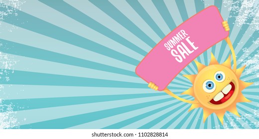 summer sale vector label or horizontal web banner. summer happy sun character holding sign or banner with special offer sale text on rays sky horizontal background