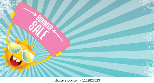summer sale vector label or horizontal web banner. summer happy sun character holding sign or banner with special offer sale text on rays sky horizontal background