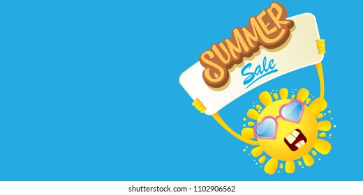 summer sale vector label or horizontal web banner. summer happy sun character holding sign or banner with special offer sale text isolated on blue horizontal background