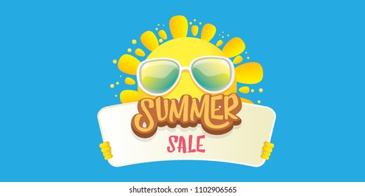 summer sale vector label or horizontal web banner. summer happy sun character holding sign or banner with special offer sale text isolated on blue horizontal background