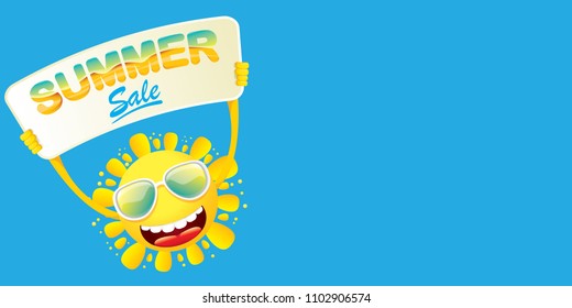 summer sale vector label or horizontal web banner. summer happy sun character holding sign or banner with special offer sale text isolated on blue horizontal background