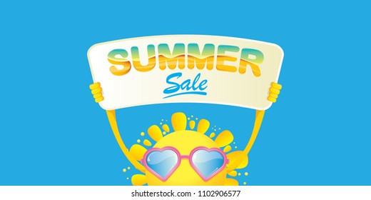 summer sale vector label or horizontal web banner. summer happy sun character holding sign or banner with special offer sale text isolated on blue horizontal background