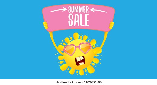 summer sale vector label or horizontal web banner. summer happy sun character holding sign or banner with special offer sale text isolated on blue horizontal background