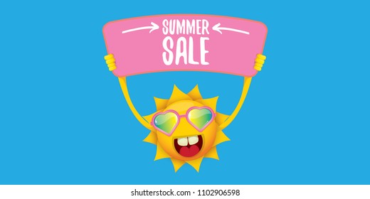 summer sale vector label or horizontal web banner. summer happy sun character holding sign or banner with special offer sale text isolated on blue horizontal background