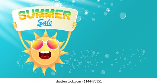 summer sale vector label or horizontal web banner. summer happy sun character holding sign or banner with special offer sale text isolated on azure sky horizontal background