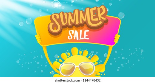 summer sale vector label or horizontal web banner. summer happy sun character holding sign or banner with special offer sale text isolated on azure sky horizontal background