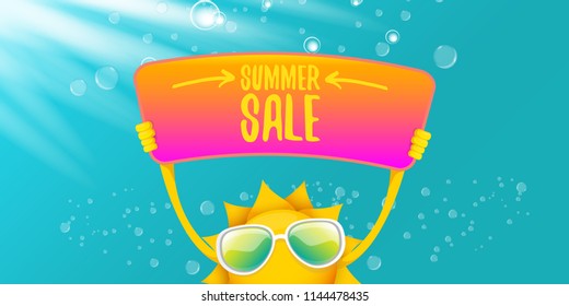 summer sale vector label or horizontal web banner. summer happy sun character holding sign or banner with special offer sale text isolated on azure sky horizontal background