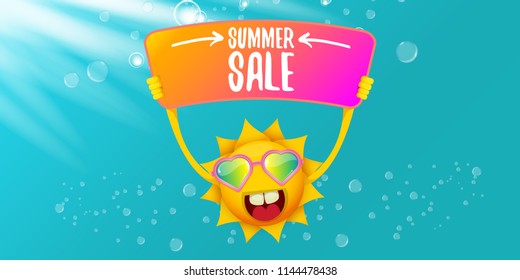 summer sale vector label or horizontal web banner. summer happy sun character holding sign or banner with special offer sale text isolated on azure sky horizontal background