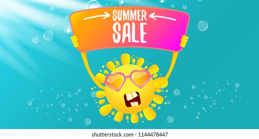 summer sale vector label or horizontal web banner. summer happy sun character holding sign or banner with special offer sale text isolated on azure sky horizontal background