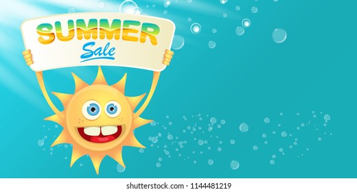 summer sale vector label or horizontal web banner. summer happy sun character holding sign or banner with special offer sale text isolated on azure sky horizontal background