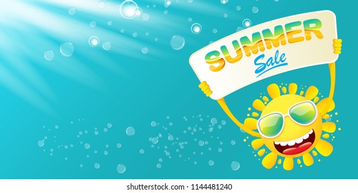 summer sale vector label or horizontal web banner. summer happy sun character holding sign or banner with special offer sale text isolated on azure sky horizontal background