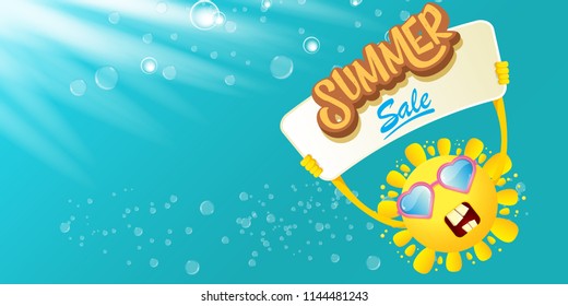 summer sale vector label or horizontal web banner. summer happy sun character holding sign or banner with special offer sale text isolated on azure sky horizontal background