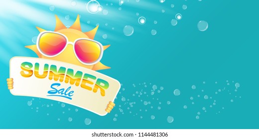 summer sale vector label or horizontal web banner. summer happy sun character holding sign or banner with special offer sale text isolated on azure sky horizontal background
