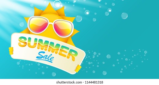 summer sale vector label or horizontal web banner. summer happy sun character holding sign or banner with special offer sale text isolated on azure sky horizontal background